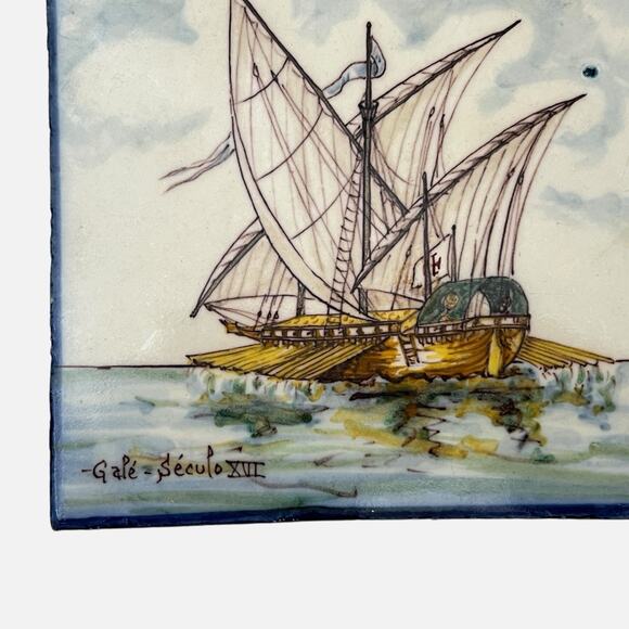 Portuguese Tile Ship Gale Seculo XVI Handpainted Battistini de Maria de Portugal - Picture 7 of 13